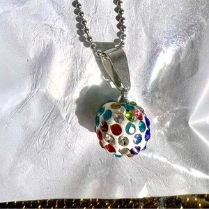 NEW 18” MultiColor Rhinestone DiscoBall Orb Silver Ball Chain Necklace